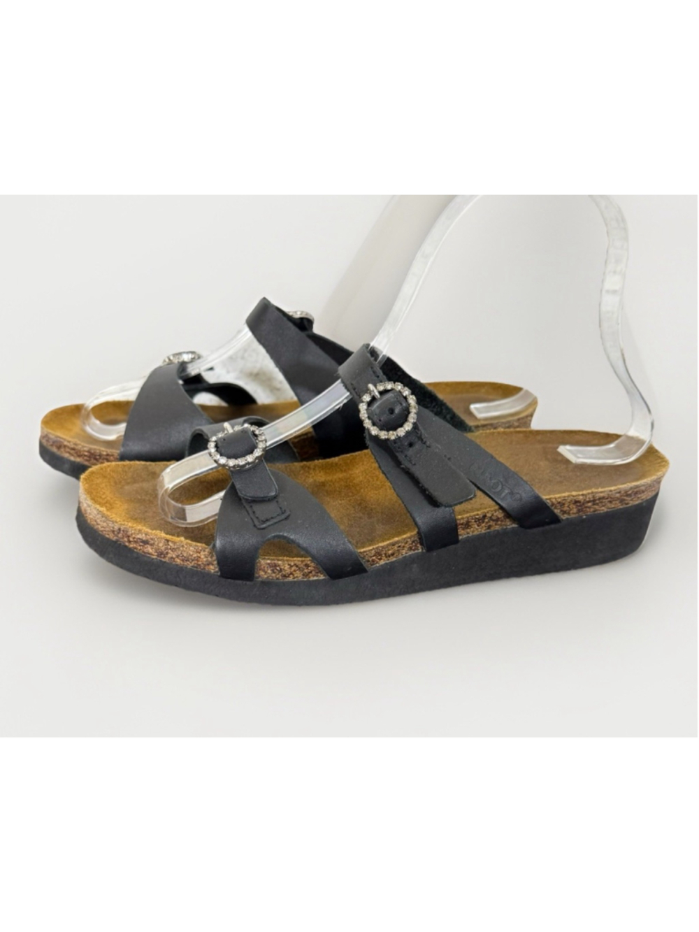 Naot Kate Sandals Size 39/8-8.5 Women Black Dbl Strap Rhinestone Buckle Slip On
